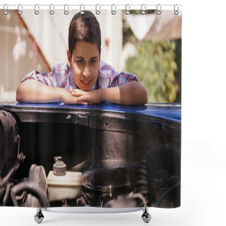 Personality  Amazed Grandchild Looking Old Car Engine Learning Mechanics Shower Curtains