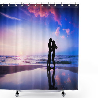 Personality  Romantic Couple On Beach At Sunset Shower Curtains