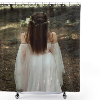 Personality  Rear View Of Mystic Elf In Elegant Dress And Floral Wreath In Forest Shower Curtains