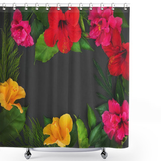 Personality  A Frame Of Flowers (hibiscuses And Dof Roses) And Green Leaves O Shower Curtains
