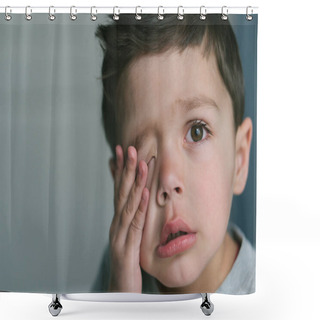 Personality  Frustrated Toddler Boy Touching Face At Home  Shower Curtains