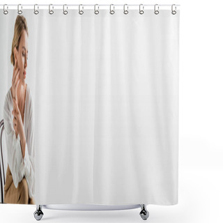 Personality  Pretty Woman In Formal Attire Sitting On Chair Touching Her Face And Looking Away, Fashion, Banner Shower Curtains