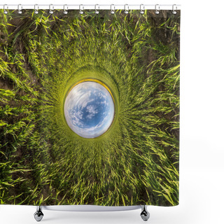 Personality  Blue Sky Ball Among Green Grass. Inversion Of Tiny Planet Transformation Of Spherical Panorama 360 Degrees. Spherical Abstract View. Curvature Of Space. Shower Curtains