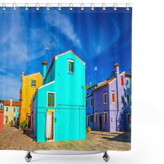 Personality  Colorful Houses Of Burano Island. Multicolored Buildings In Small Town Square, Blue Sky Background In Sunny Summer Day, Venice Province, Veneto Region, Northern Italy. Burano Postcard Shower Curtains