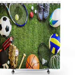 Personality  Sports Tools On Green Grass Concept Shower Curtains