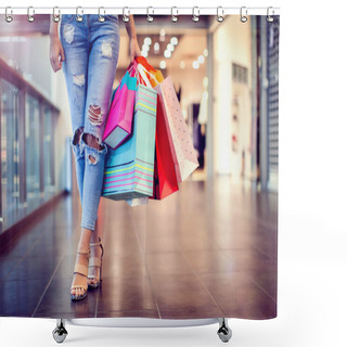 Personality  Woman Holding Shopping Bag In The Mall. Close Up Shot. Shopping, Sale Concept Shower Curtains