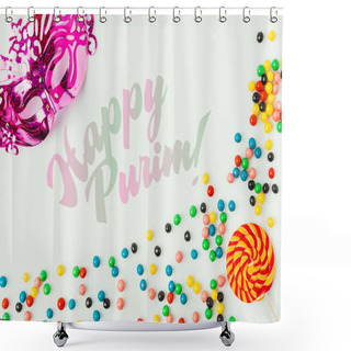 Personality  Flat Lay With Arranged Masquerade Mask, Lollipop And Sweets Isolated On White Shower Curtains