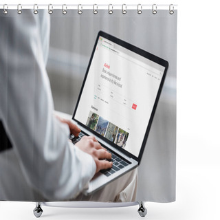 Personality  Cropped View Of Woman Using Laptop With Airbnb Website On Screen Shower Curtains