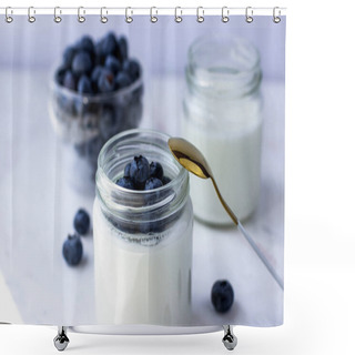 Personality  Homemade Yogurt With Blueberries. Yogurt In Jars On A White Background Shower Curtains
