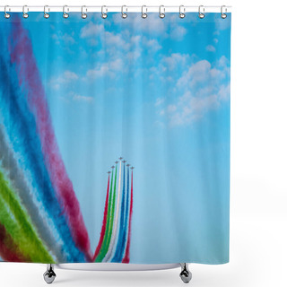 Personality  Jet Planes Leaving Colorful Trails On The Sky During An Airshow Shower Curtains
