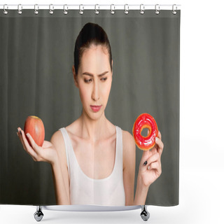 Personality  Woman Holding And Making Choice Between Red Apple And Calorie Bomb Donut On Gray Background.Healthy Eating And Junk Food Concept Shower Curtains