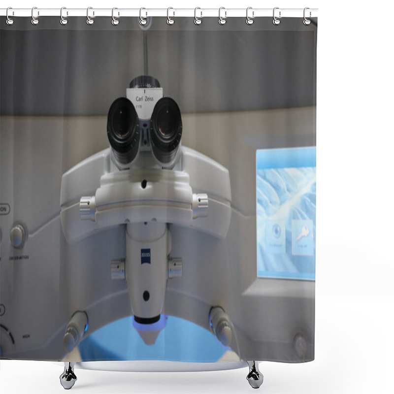 Personality  basra, Iraq - MAY 25, 2021: microscope of femto smile machine for refractive surgery operations shower curtains