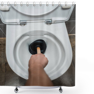 Personality  Cropped View Of Plumber Using Plunger In Toilet Bowl In Modern Restroom With Grey Tile Shower Curtains