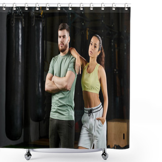 Personality  A Male Trainer Instructs A Woman In Self-defense Techniques In A Gym. Shower Curtains