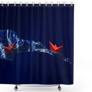Personality  Red Paper Boats Escape On A Water Splash From A Bottle, Dark Blu Shower Curtains
