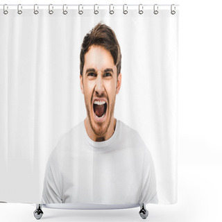 Personality  Emotional Young Man Screaming And Looking At Camera Isolated On White Shower Curtains