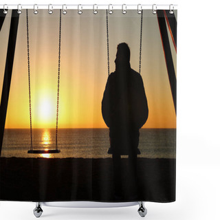 Personality  Back View Backlighting Silhouette Of A Man Alone On A Swing Looking At Empty Seat At Sunset On The Beach In Winter Shower Curtains