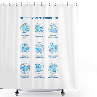 Personality  SAD Treatment Concept Icons Set. Mental Health Disorder Idea Thin Line RGB Color Illustrations. Attention Deficit. Feeling Hopeless And Worthless. Vector Isolated Outline Drawings. Editable Stroke Shower Curtains
