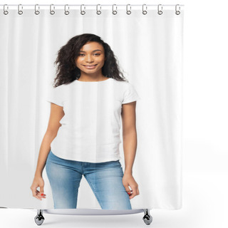 Personality  Happy African American Woman In White T-shirt Looking At Camera Isolated On White  Shower Curtains