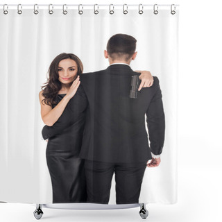 Personality  Beautiful Couple Of Secret Agents Hugging And Holding Handgun, Isolated On White Shower Curtains