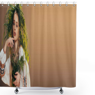 Personality  A Young Mavka In A Traditional Outfit Adorned With An Ornate Wreath, Set In A Magical Fairy And Fantasy Studio. Shower Curtains