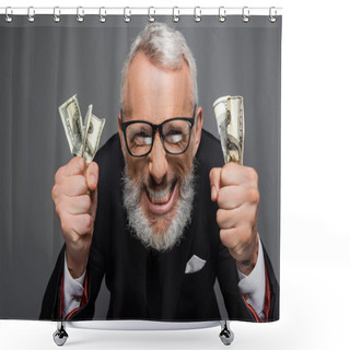 Personality  Happy Middle Aged Businessman In Glasses Holding Dollar Banknotes And Grinning Isolated On Grey Shower Curtains
