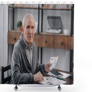 Personality  Senior Man Sitting At Table, Looking At Camera, Using Calculator And Counting Money Shower Curtains