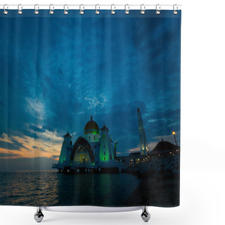 Personality  Beautiful Architecture Of Melaka Straits Mosque In Malacca City In Malaysia. Beautiful Sacral Building In South East Asia During Sunset. Shower Curtains