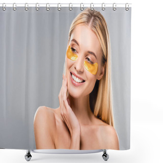 Personality  Happy Naked Blonde Young Woman With Eye Patches Looking Away Isolated On Grey Shower Curtains