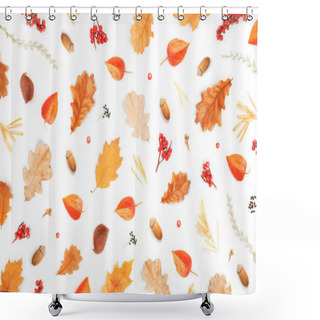 Personality  Autumn Composition. Pattern Made Of Autumn Leaves, Acorns, Berries On White Background. Flat Lay, Top View Shower Curtains