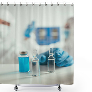 Personality  Selective Focus Of Biochemist In Rubber Gloves Taking Ampule Near Glass Container With Blue Liquid Shower Curtains