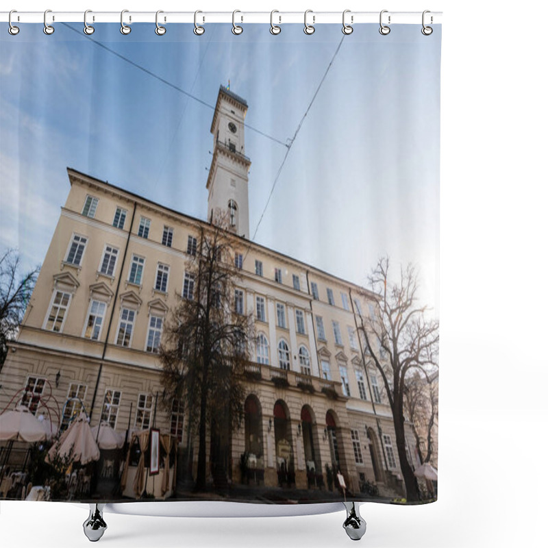 Personality  Facade Of Lviv City Hall With Tower Against Blue Sky In Lviv, Ukraine Shower Curtains