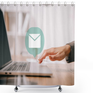 Personality  Cropped View Of Businesswoman Typing On Laptop At Workplace With Email Icon Shower Curtains