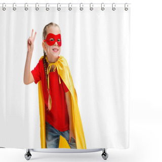 Personality  Smiling Supergirl In Yellow Cape And Red Mask For Eyes Gesturing Peace Sign Isolated On White Shower Curtains