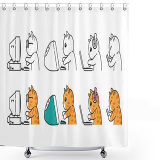 Personality  Cat Vector Black Kitten Working Icon Neko Calico Pc Computer Laptop Notebook Pet Smart Phone Character Cartoon Symbol Tattoo Stamp Scarf Illustration Design Isolated Shower Curtains