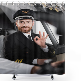 Personality  Bearded Pilot In Uniform Showing Okay And Smiling Near Blurred Co-pilot  Shower Curtains