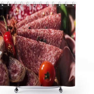 Personality  Close Up View Of Tasty Sliced Salami With Vegetables And Spices On Wooden Cutting Board Shower Curtains