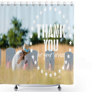 Personality  Cute Kid Sitting Near Headstone With American Flag In Graveyard With Thank You For Your Service Illustration Shower Curtains
