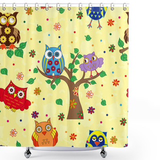 Personality  Colourful Owl And Tree Seamless Pattern Over Yellow Shower Curtains