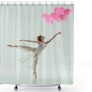Personality  Ballerina In White Dress Dancing With Pink Balloons, Isolated On White Shower Curtains