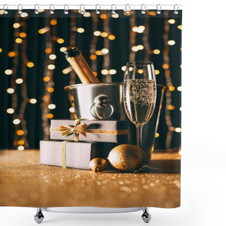 Personality  Champagne In Bucket And Presents On Garland Light Background, Christmas Concept Shower Curtains