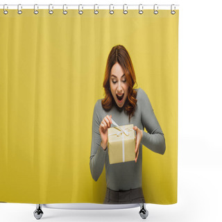 Personality  Amazed Young Woman Pulling Ribbon On Present On Yellow Shower Curtains