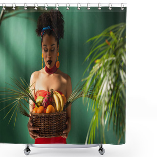 Personality  Young African American Woman Looking At Basket With Exotic Fruits On Green  Shower Curtains