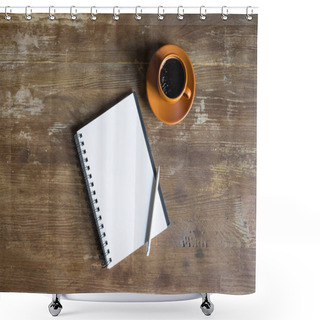 Personality  Top View Of Notepad With Pencil And Coffee Cup On Wooden Tabletop  Shower Curtains