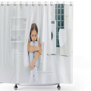 Personality  Small Adorable Girl Sits On Floor, Being Punished By Parents, Poses Near Clothes Dryer, Focused Down With Sad Expression, Washing Machine, Basket With Laundry And Console, Thinks Over Something Shower Curtains