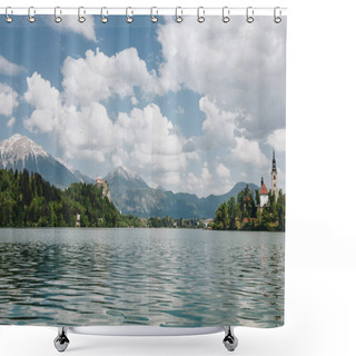 Personality  Beautiful Landscape With Calm Mountain Lake, Peaks And Buildings, Bled, Slovenia Shower Curtains