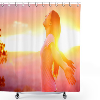 Personality  Free Happy Woman Enjoying Nature Sunset Shower Curtains