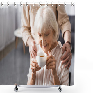 Personality  Selective Focus Of Senior Man Embracing Wife With Cup Of Coffee At Home  Shower Curtains