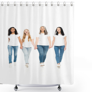 Personality  Happy Multicultural Women In Denim Jeans Walking And Holding Hands Isolated On White  Shower Curtains