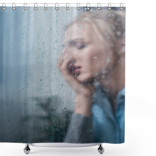 Personality  Selective Focus Of Sad Woman Covering Face With Hand Through Window With Raindrops And Copy Space Shower Curtains